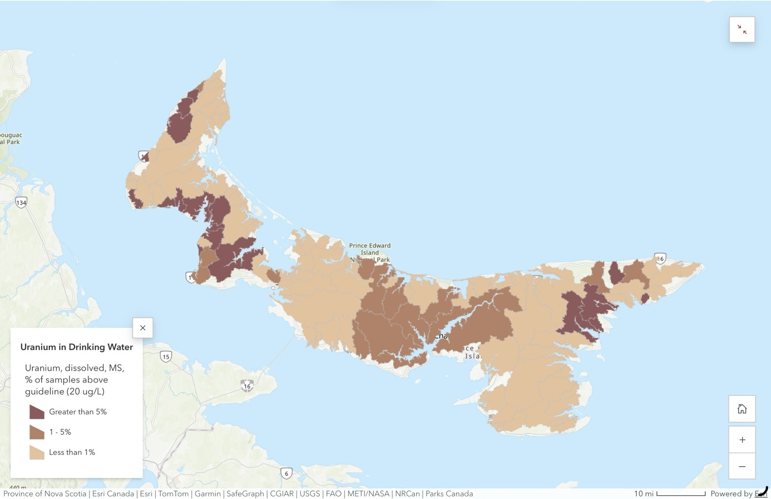 Map of uranium exceedances in PEI drinking water by watershed
